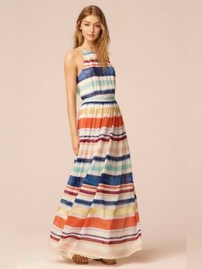 Tommy Hilfiger Rainbow Striped Tiered Chiffon Halter Maxi Dress Size 2
